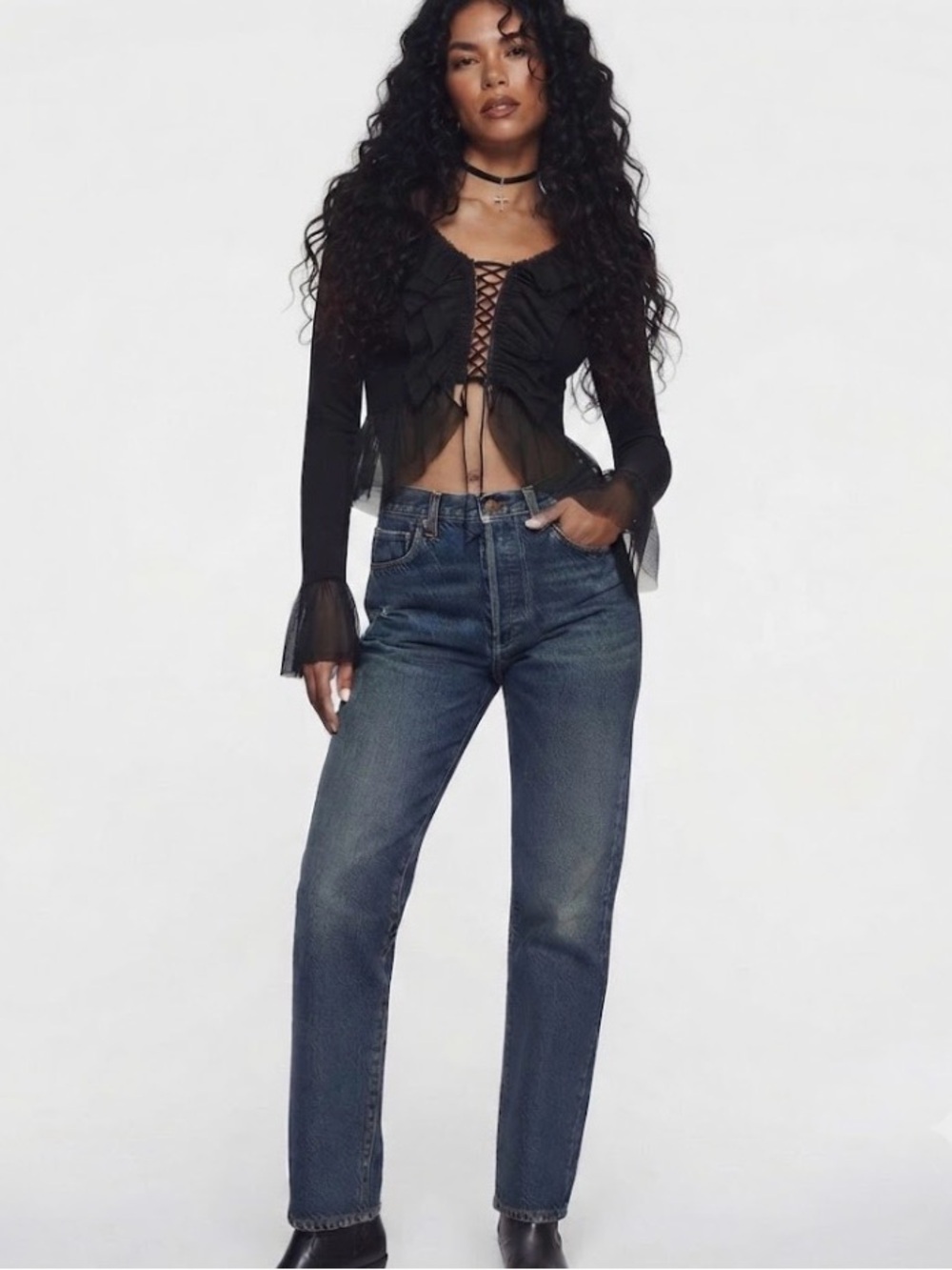 Dolls Kill Widow Black Ruffled mesh long sleeve Top XS NWT